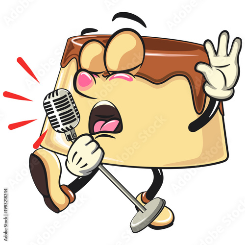 cute caramel pudding mascot character singing with full emotion, dessert cartoon vector illustration isolated, work of hand drawn