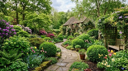 A lush backyard with rounded green bushes and spring foliage, cultivated home garden scene, rich textures and soft natural shadows, peaceful horticultural atmosphere, ultra-realistic, no logos.
