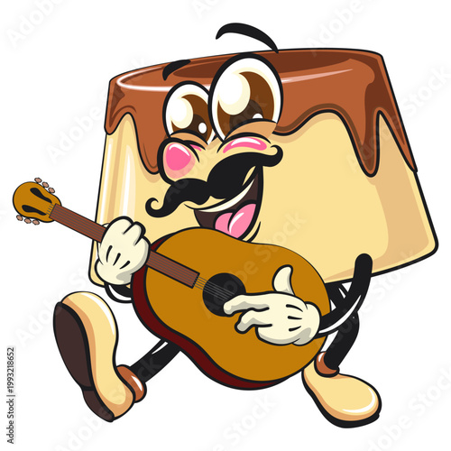 cute caramel pudding mascot character have moustache playing guitar with smiling, dessert cartoon vector illustration isolated, work of hand drawn