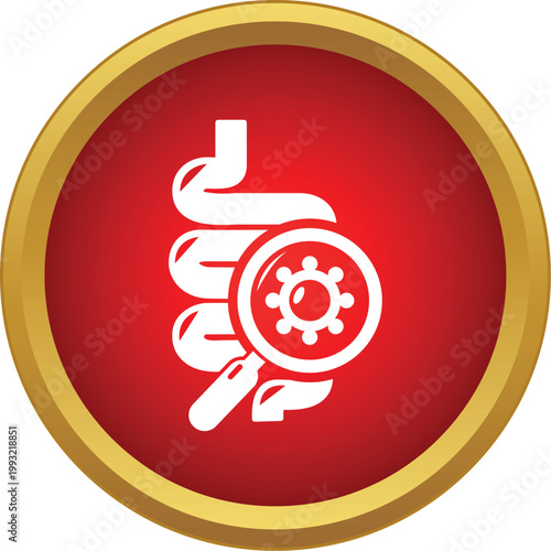 Intestine examining gut microbes with a magnifying glass, in a red and gold circle