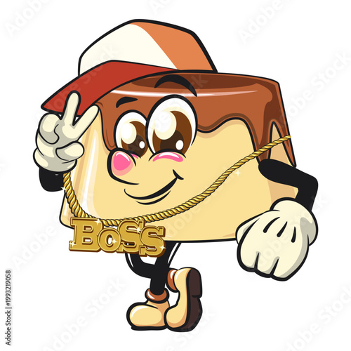 cute caramel pudding mascot character wearing a hip-hop style hat and wearing a sparkling gold necklace, dessert cartoon vector illustration isolated, work of hand drawn