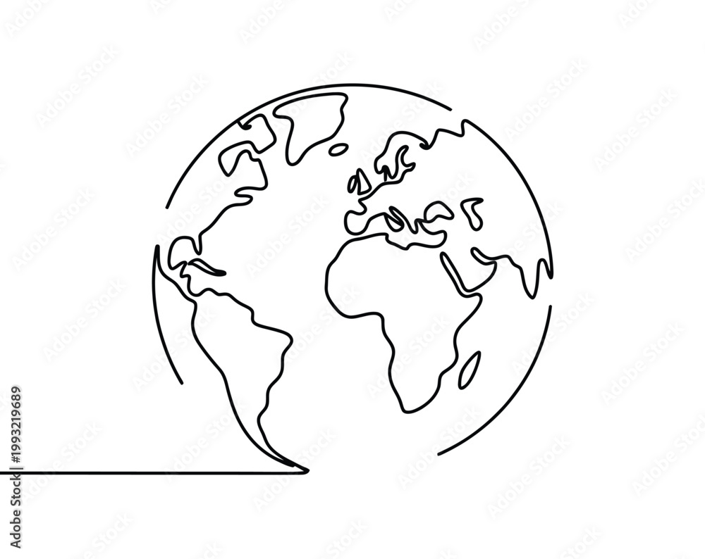 Fototapeta premium Earth globe continuous one line art drawing world map minimalist vector illustration for global network environment and earth concept