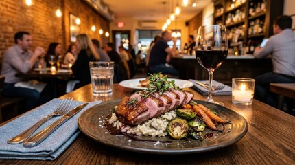 Savory dish served in a popular restaurant, appetizing meal presentation, warm dining atmosphere, realistic food detail, no logos