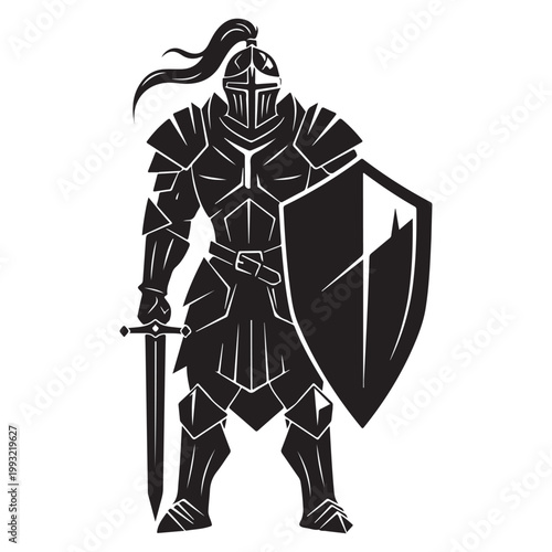 Medieval knight in full plate armor with sword and shield vector illustration isolated on white background