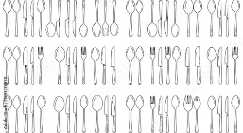 Minimalist spoon and cutlery seamless pattern with line art utensils for restaurant wallpaper packaging and textile