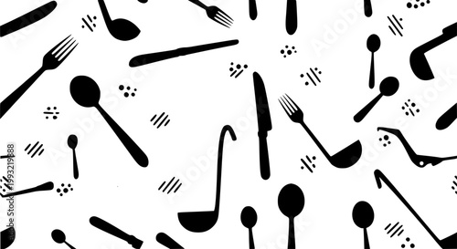 Modern colorful cutlery seamless pattern with spoons forks knives for cafe packaging wallpaper and fabric