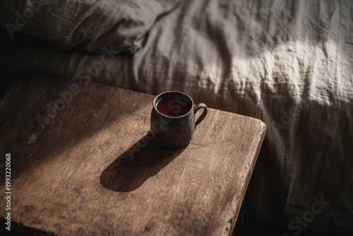 Herbal tea for cramps in rustic ceramic mug sits on wooden bedside table with soft morning light and cozy bedding creating calm and soothing atmosphere