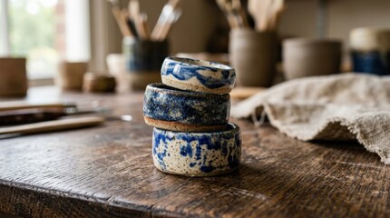 Three rustic blue and white ceramic rings stacked artfully, handcrafted pottery concept, textured glazed surfaces, clean composition, realistic detail, no logos