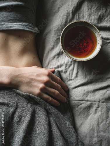 Herbal tea for cramps shown beside relaxed woman lying on bed with hand on her abdomen, soothing natural remedy for menstrual pain relief and comfort at home