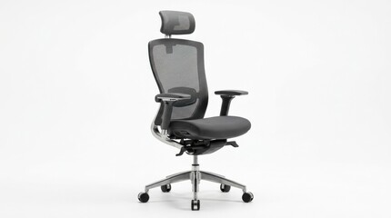 Modern office chair with adjustable arms and headrest, ergonomic workplace furniture isolated on a clean white background, sleek professional design, studio lighting, realistic detail, no logos