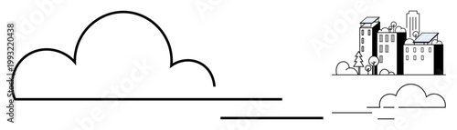 Renewable energy, sustainable cities, eco-friendly design, urban planning, green technology, environmental conservation. Line art of a cloud and cityscape with solar panels. Renewable energy