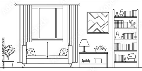 Living room graphic black white interior sketch illustration vector 