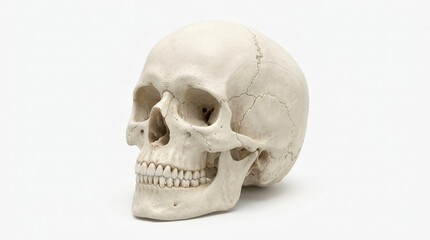 Human skull on a white background, anatomy and medical study concept, clean isolated specimen, no logos