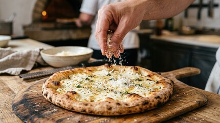 Hand sprinkling grated cheese onto white pizza, gourmet pizza finishing step, close up food preparation, melted topping and rustic styling, realistic detail, no logos
