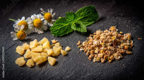 Herbal tea ingredient chamomile flower dried ginger mint leaf macro closeup natural remedy relaxation healthy organic plant