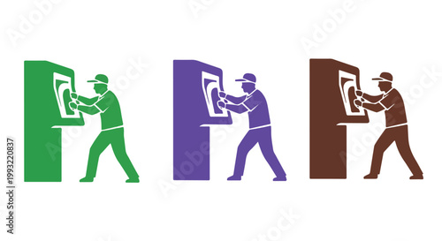 Set of three colorful icons depicting a person using an automated teller machine at a bank or financial institution