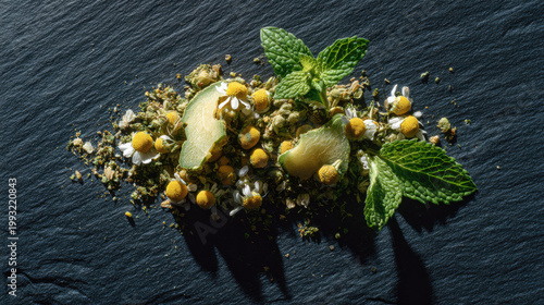 Herbal tea for cramps with chamomile flower, ginger slice, and mint leaf on dark stone background, natural remedy, soothing and calming, organic ingredients