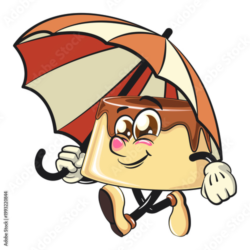 cute caramel pudding mascot character walking with an umbrella, dessert cartoon vector illustration isolated, work of hand drawn