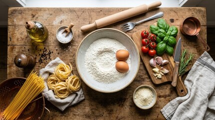 Ingredients for pasta preparation on a wooden table top view, cooking setup with raw ingredients, rustic kitchen flat lay, appetizing food concept, no logos