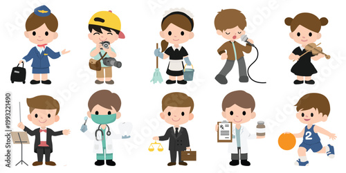 Cute kids in various jobs set. Smiling little boys and girls in uniform with professional equipment colorful, Career, occupation, work, for labor day, may day, vector illustrations