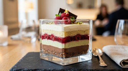 Layered dessert cross-section inside transparent glass cube, modern gourmet concept with elegant pastry layers and refined presentation for luxury food design, soft light, realistic detail, no logos