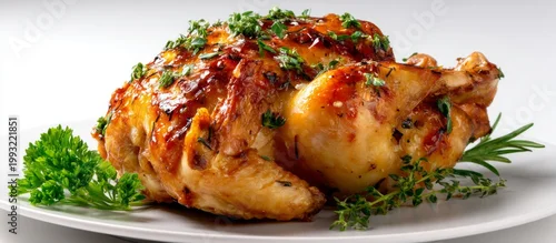 Panel kuchenny z motywem Delicious Whole Roast Chicken on Isolated White Background Top View
