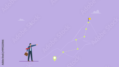 Businessman pointing and look up to the goal at mountain climbing progress route to peak. Business journey, path of success concept.