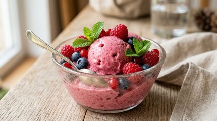 Glass bowl of pink raspberry ice cream topped with fresh berries and mint leaves, refreshing dessert close up with creamy texture and bright garnish, appetizing light, realistic detail, no logos