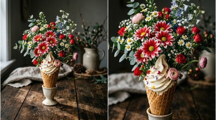 Floral arrangement bursting from ice cream cone with soft serve and red-white daisies, whimsical still life blending dessert and flowers with dramatic shadows, realistic detail, no logos