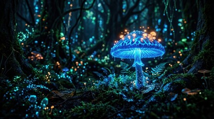 Glowing blue mushroom with warm orange lights on top, magical bioluminescent forest concept with dark atmospheric background, realistic detail, no logos