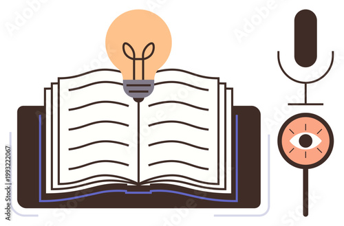 Education, innovation, knowledge sharing, creativity, podcasting, literature. Open book with a light bulb, microphone and eye icon. Education and innovation concepts