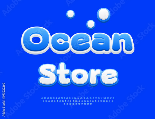 Vector Marketing signboard Ocean Store. Creative White and Blue Font. Trendy Alphabet Letters and Numbers set.
