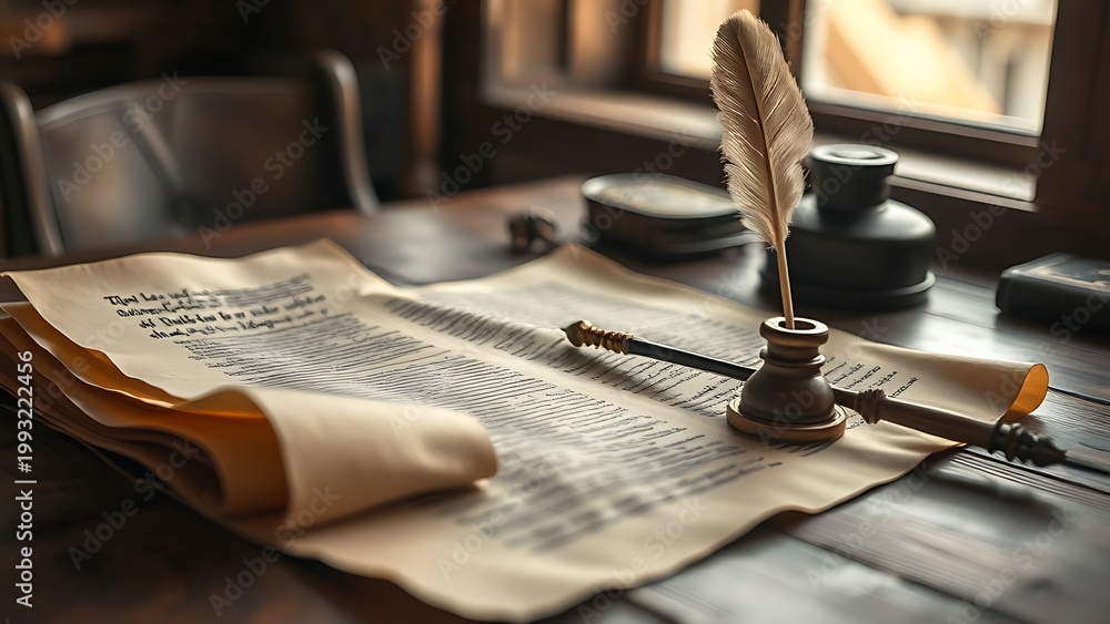 © KKO - Medieval parchment manuscript on wooden table with feather quill and inkwell, soft window light.