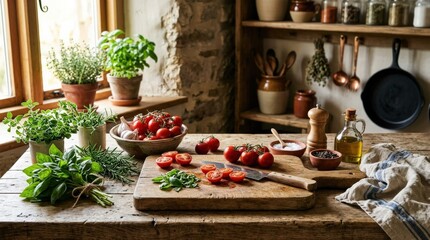 Rustic kitchen scene with herbs, tomatoes and a wooden cutting board, fresh cooking ingredients on a farmhouse surface, home food preparation concept, warm natural light, realistic detail, no logos