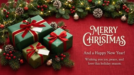 Christmas decorations with green gift boxes on red background, festive greeting card concept with holiday text space, clean seasonal styling, realistic detail, no logos
