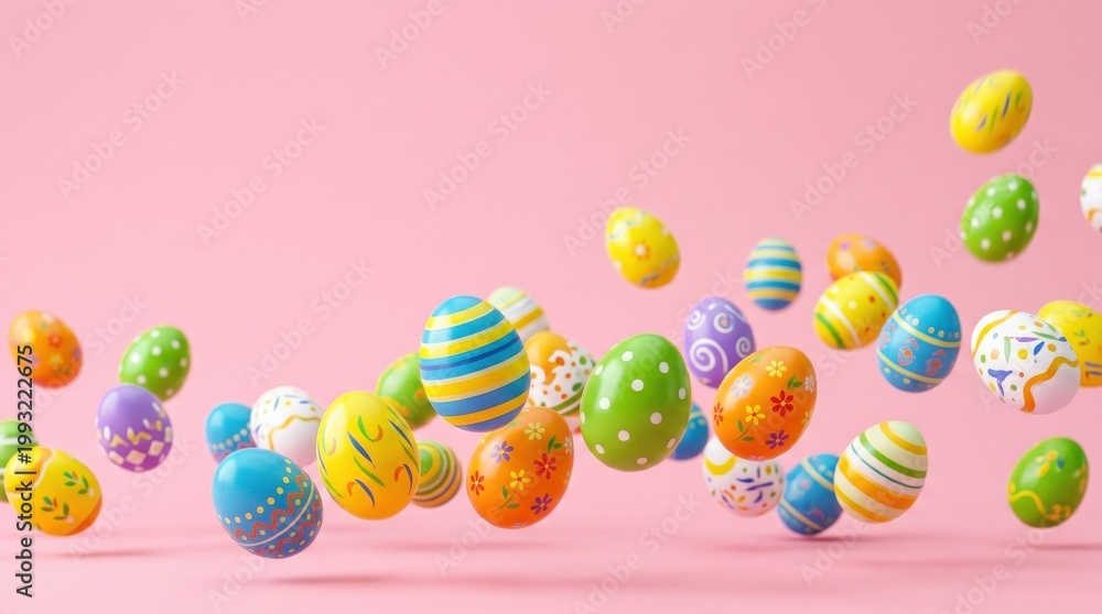 Fototapeta premium Colorful Easter eggs bouncing on pink background, festive spring holiday concept with copy space, playful cheerful composition, bright studio lighting, clean minimal design, no logos