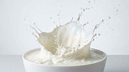 Close-up of splashing milk, dynamic dairy motion with bright white texture and clean studio composition, realistic detail, no logos