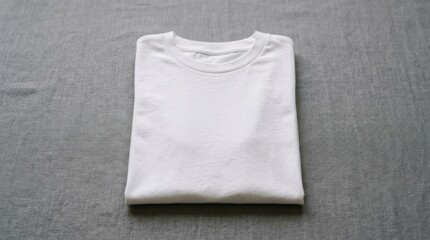 Neatly folded white T-shirt on gray surface, apparel mockup concept, minimal clothing presentation with soft light, realistic detail, no logos