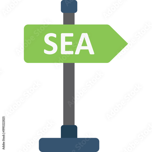 Sea Signboard Icon Flat Design, Ocean Direction Sign Symbol, Nautical Navigation Board Icon, Coastal Wayfinding Concept