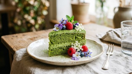 Slice of matcha cake with berries and edible flowers on plate, refined dessert serving, delicate texture and fresh garnish, appetizing close up, soft natural light, no logos