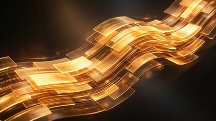 Golden light panels glowing in layered stream, abstract luxury background, radiant warm tones, modern luminous depth, elegant high-detail composition, no logos