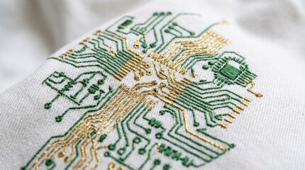 Green and gold circuit patterns embroidered on white fabric, smart textile concept, wearable technology, premium material texture, clean close-up composition, realistic detail, no logos
