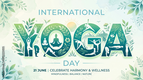 International yoga day wellness concept illustration with meditation pose nature elements and green typography background for health awareness banner design