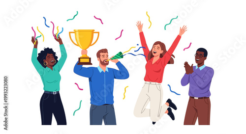 Diverse group of people celebrating victory.