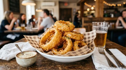 Onion rings on table, crispy fried appetizer concept with golden texture and casual restaurant serving style, warm light, realistic detail, no logos