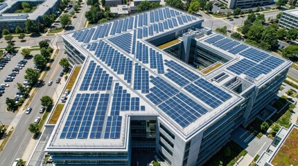 Aerial view of rooftop solar panels, renewable energy system on a modern building, sustainable electricity and green technology concept with clean geometric patterns, realistic daylight, no logos