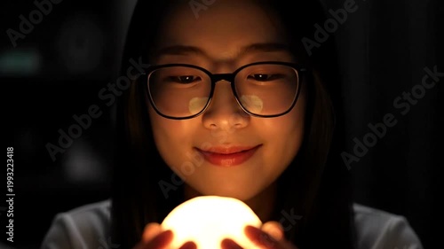A young woman holding a glowing orb in the dark.