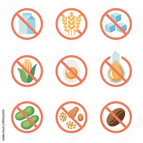 Set allergen free icons set. Allergen free products. Products warning symbols. 