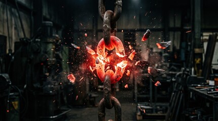 Heavy metal chain link shattering with red glow, strength and break point concept, dramatic industrial close up, dark background, realistic detail, no logos