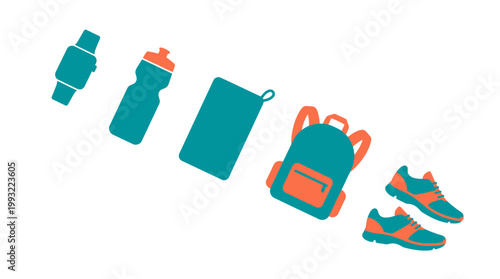 Flat lay vector illustration of essential fitness and workout gear items.